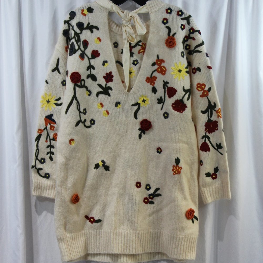 Anthropologie Cream Floral Applique Long Sleeve Sweater Dress NWT - Picture 7 of 11